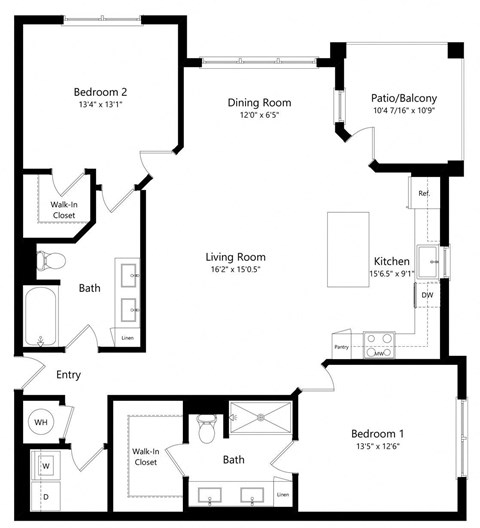 Floor plan for 2 beds, 2 baths, 1254 sqft